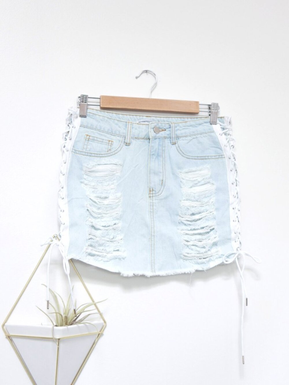 Light Blue Distressed Denim Mini Skirt w/ Sexy Peekaboo Lace Up Sides, Festival